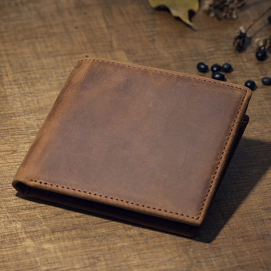 Men's Short Wallet Original Handmade Cowhide Genuine Leather Crazy Horse Retro Korean Fashion Coin Purse Men's Wallet 