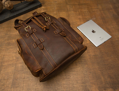 Men's Backpack, Original Handcrafted, Genuine Cowhide Leather, Retro Casual, Unisex, Travel Bag, Computer Bag