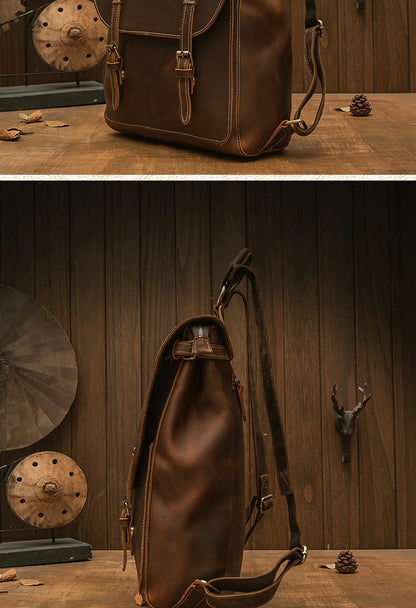 Men's Rucksack Genuine Cowhide Leather Handmade Korean Fashion Unique Travel Computer Bag for Men 