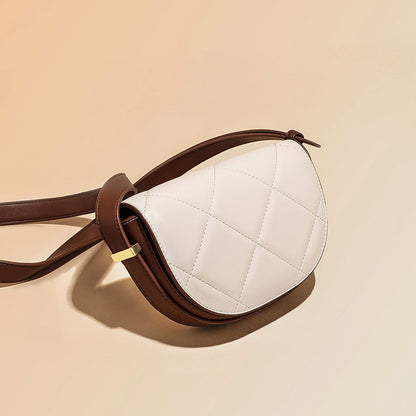Cowhide women bag luxury plaid crossbody bag saddle bag genuine leather semicircle broadband shoulder bag.Pochette