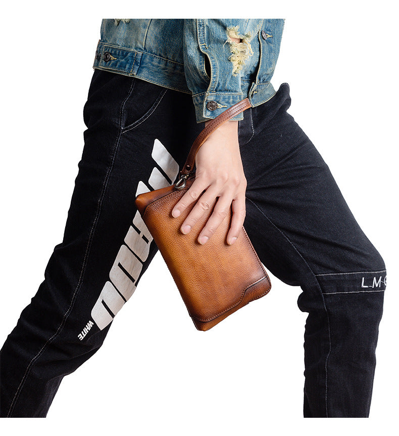 Men's Clutch Bag Genuine Cowhide Leather Retro Casual Men's Bag 
