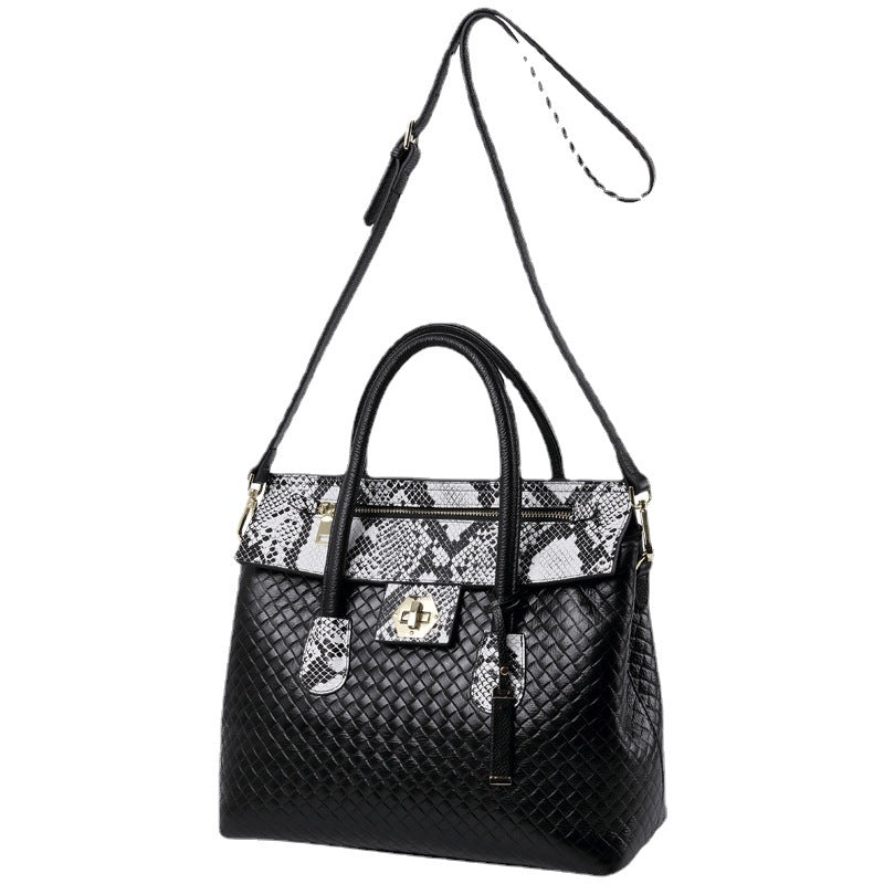 Ladies bag genuine leather fashion handbag large capacity python pattern splice shoulder bag temperament elegant handbag.bag