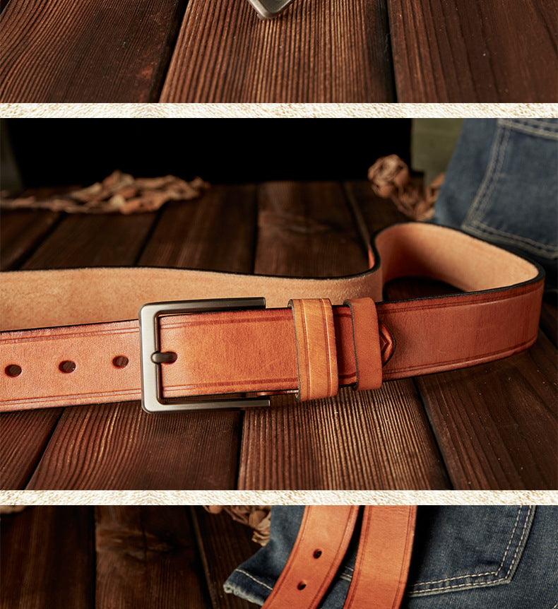 Men's Belt Handmade Cowhide Genuine Leather Retro Simple Casual Fashion Stainless Steel Needle Buckle Men's Belt 