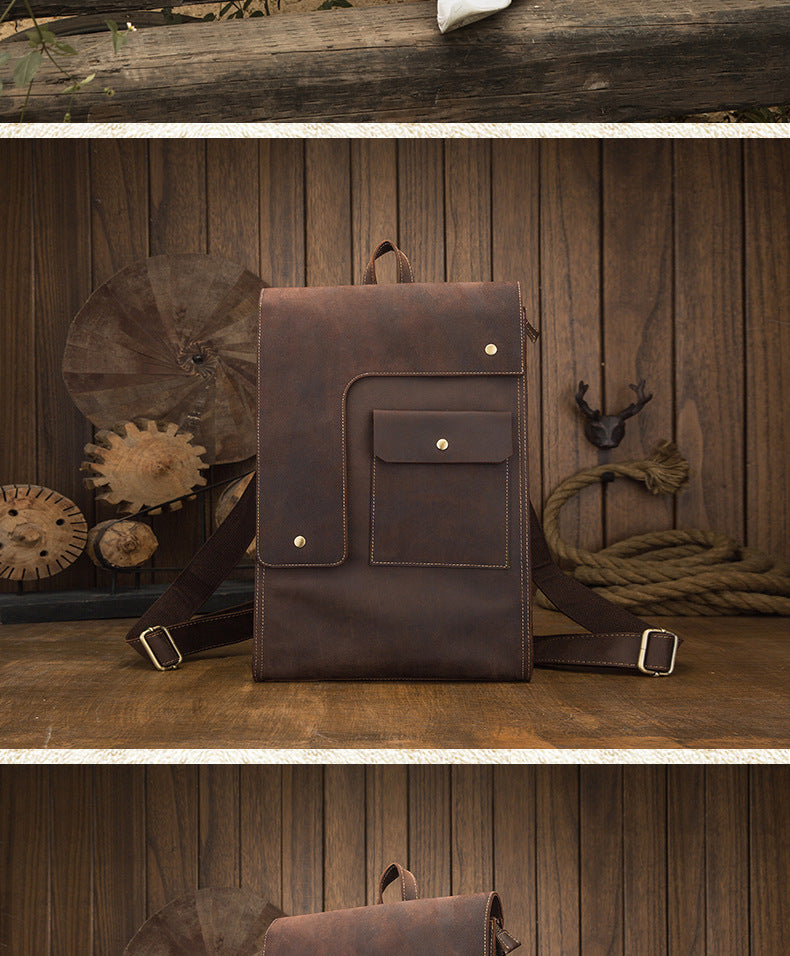 Men's Rucksack Cowhide Genuine Leather Handmade Unique Fashion Casual Travel Bag Computer Bag 