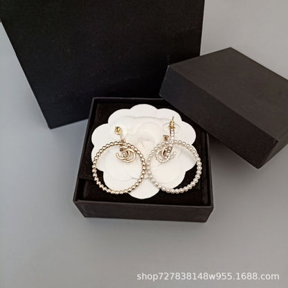 Earrings Pearl Circle Openwork Cubic Chassis Temperament Ear Hanging Earrings 