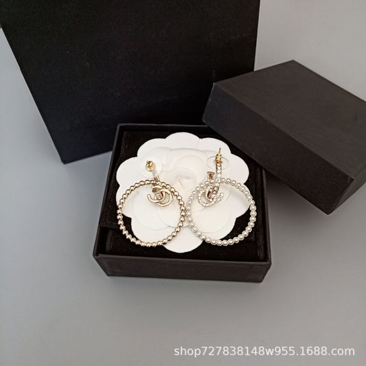 Earrings Pearl Circle Openwork Cubic Chassis Temperament Ear Hanging Earrings 
