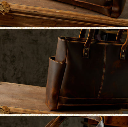 Men's tote bag, handmade, genuine cowhide leather, unisex handbag, casual school commuting shoulder bag 
