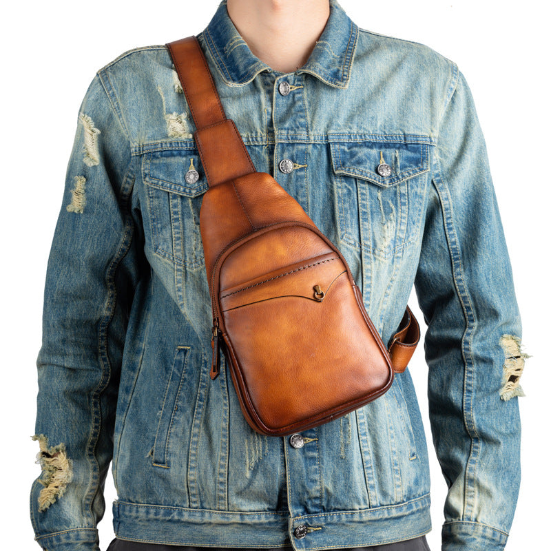 Men's bust bag genuine cowhide leather retro casual crossbody bag for men 