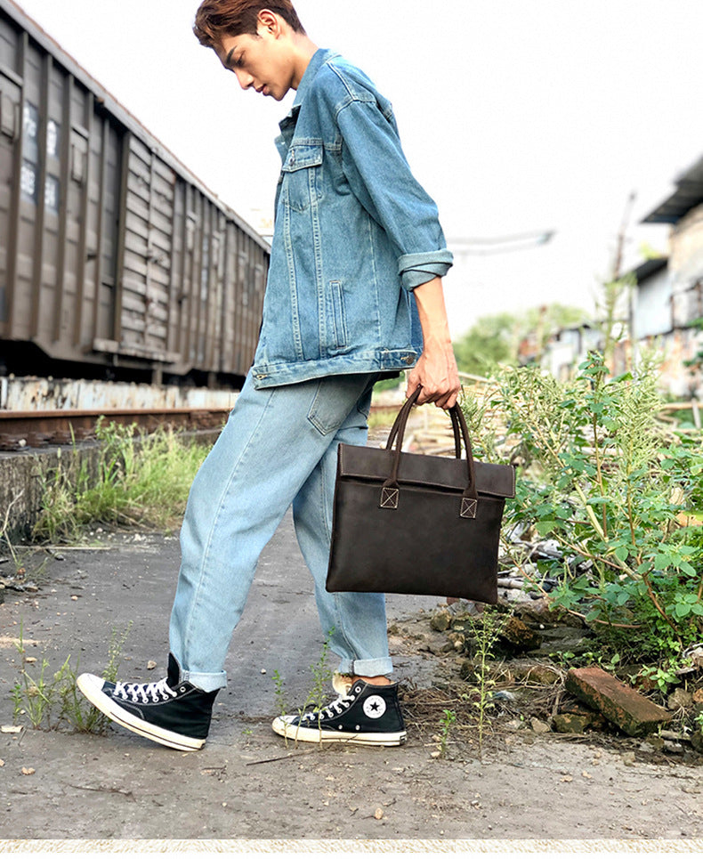 Men's handbag handbag handmade Korean fashion genuine cowhide leather casual business briefcase thin computer bag 