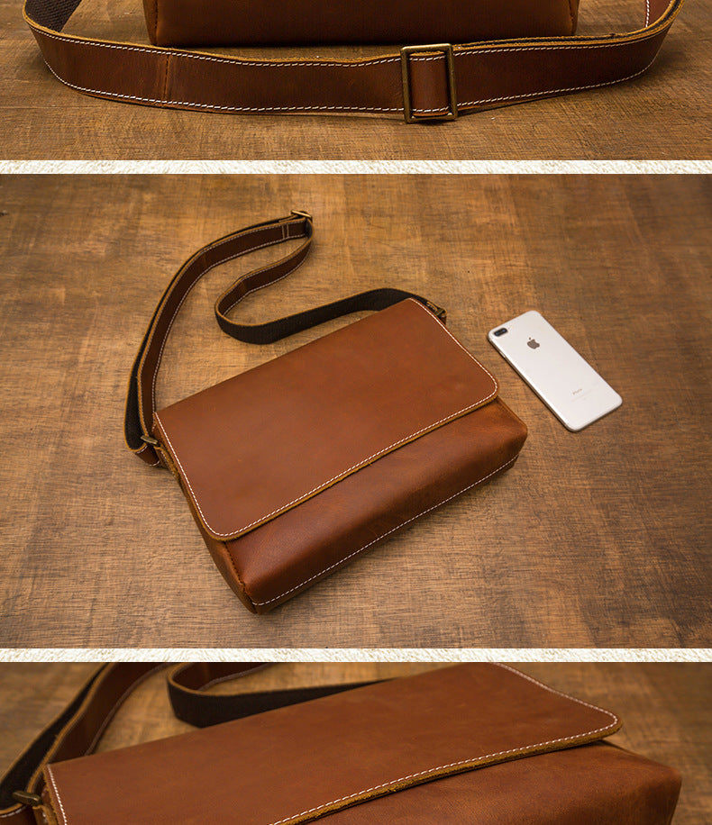 Men's Messenger Bag Handcrafted Genuine Cowhide Leather Shoulder Bag Simple Fashion Unique Crossbody Bag 