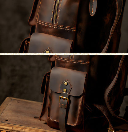 Men's Backpack Handmade Genuine Cowhide Leather Crazy Horse Retro Travel Bag Large Capacity Computer Bag Rucksack 
