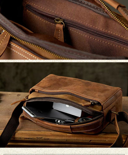 Men's Shoulder Bag Handmade Cow Leather Casual Simple Retro Zipper Crossbody Bag 