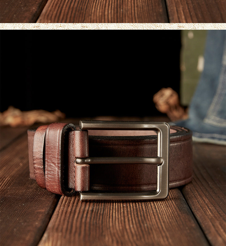Men's Belt Handmade Cowhide Genuine Leather Retro Simple Casual Fashion Stainless Steel Needle Buckle Men's Belt 