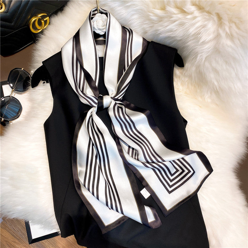 Silk scarf simple temperament vertical striped silk scarf women elongated fashion neck guard scarf