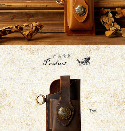 Men's Waist Pouch Mobile Phone Bag Keychain Handmade Cowhide Crazy Horse Belt Bag Mobile Phone Leather Cover Mini Bags for Men 