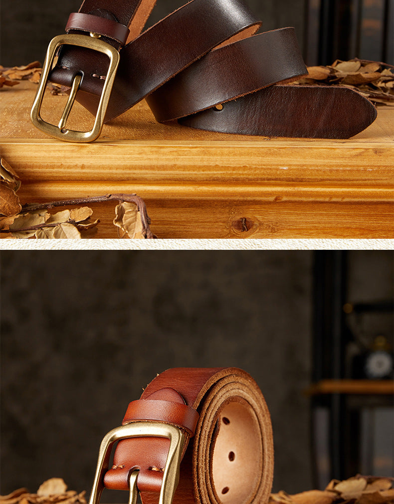 Men's Belt Handmade Vintage Copper Needle Buckle Cowhide Genuine Leather Casual Men's Belt 