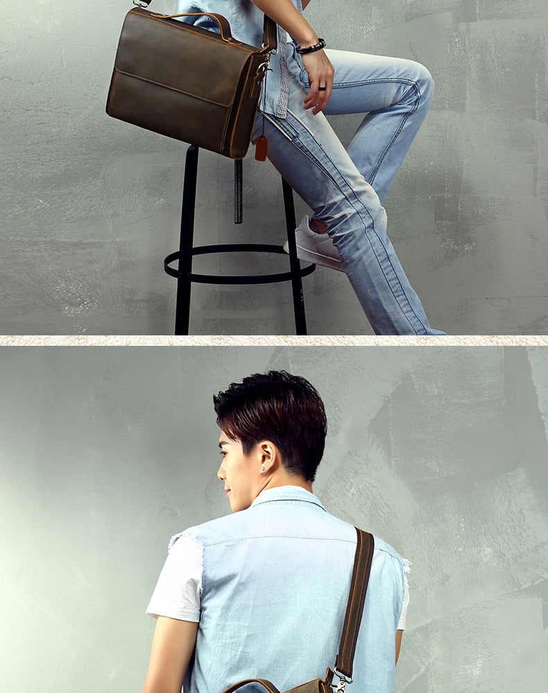 Men's Handbag Briefcase Handmade Cowhide Genuine Leather Retro Simple Messenger Bag Business Casual Men's Shoulder Bag Crossbody Bag 