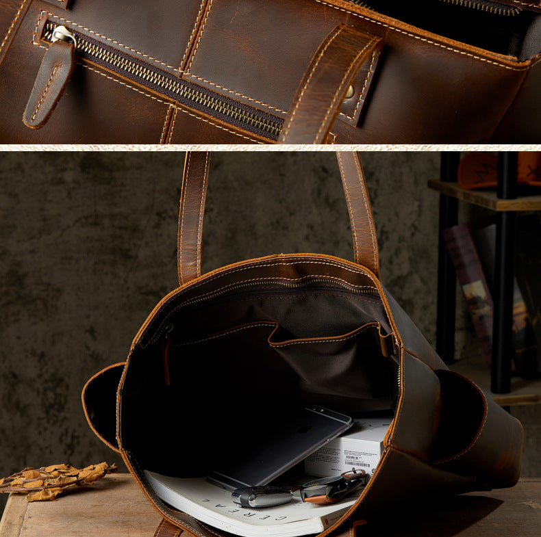 Men's tote bag, handmade, genuine cowhide leather, unisex handbag, casual school commuting shoulder bag 