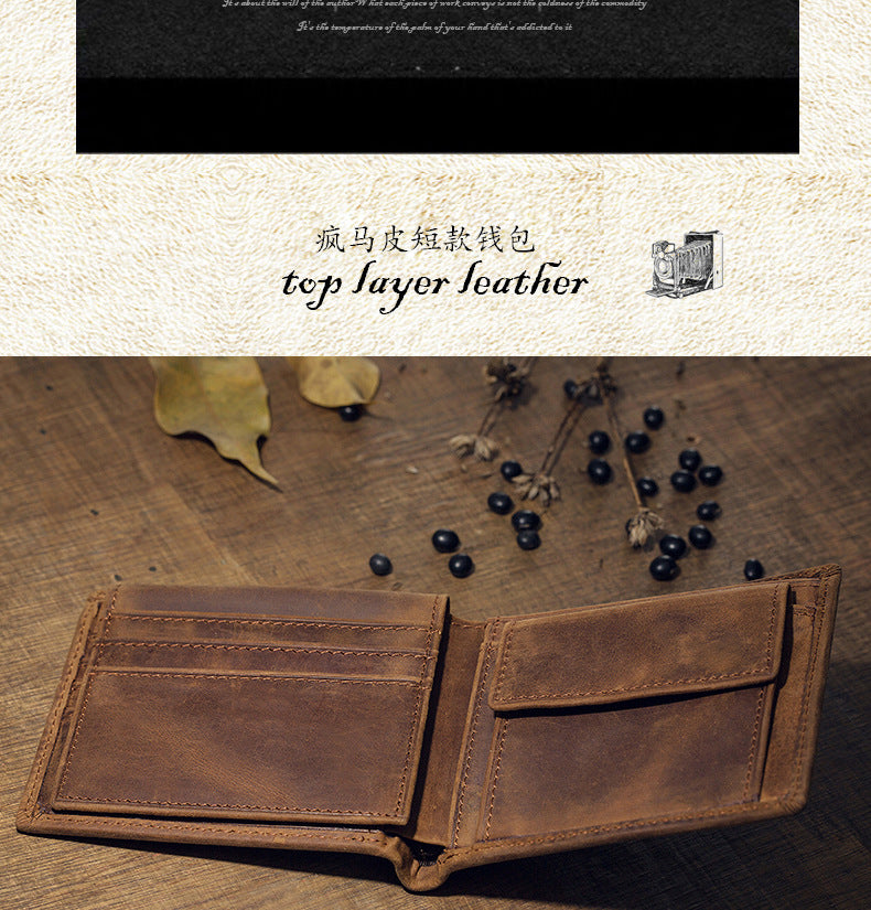 Men's Short Wallet Original Handmade Cowhide Genuine Leather Crazy Horse Retro Korean Fashion Coin Purse Men's Wallet 