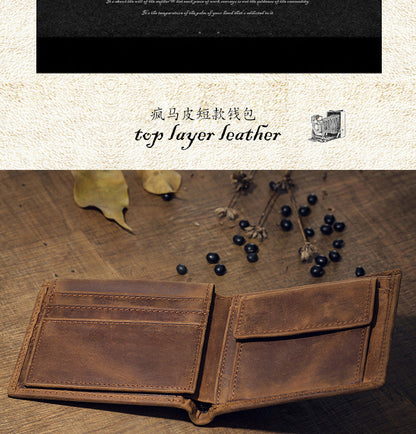 Men's Short Wallet Original Handmade Cowhide Genuine Leather Crazy Horse Retro Korean Fashion Coin Purse Men's Wallet 
