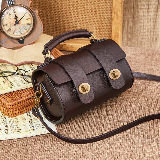 Women's Bag Retro Genuine Leather Handbag Cylindrical Bag Cowhide Simple Messenger Bag Trendy Shoulder Bag.Pochette