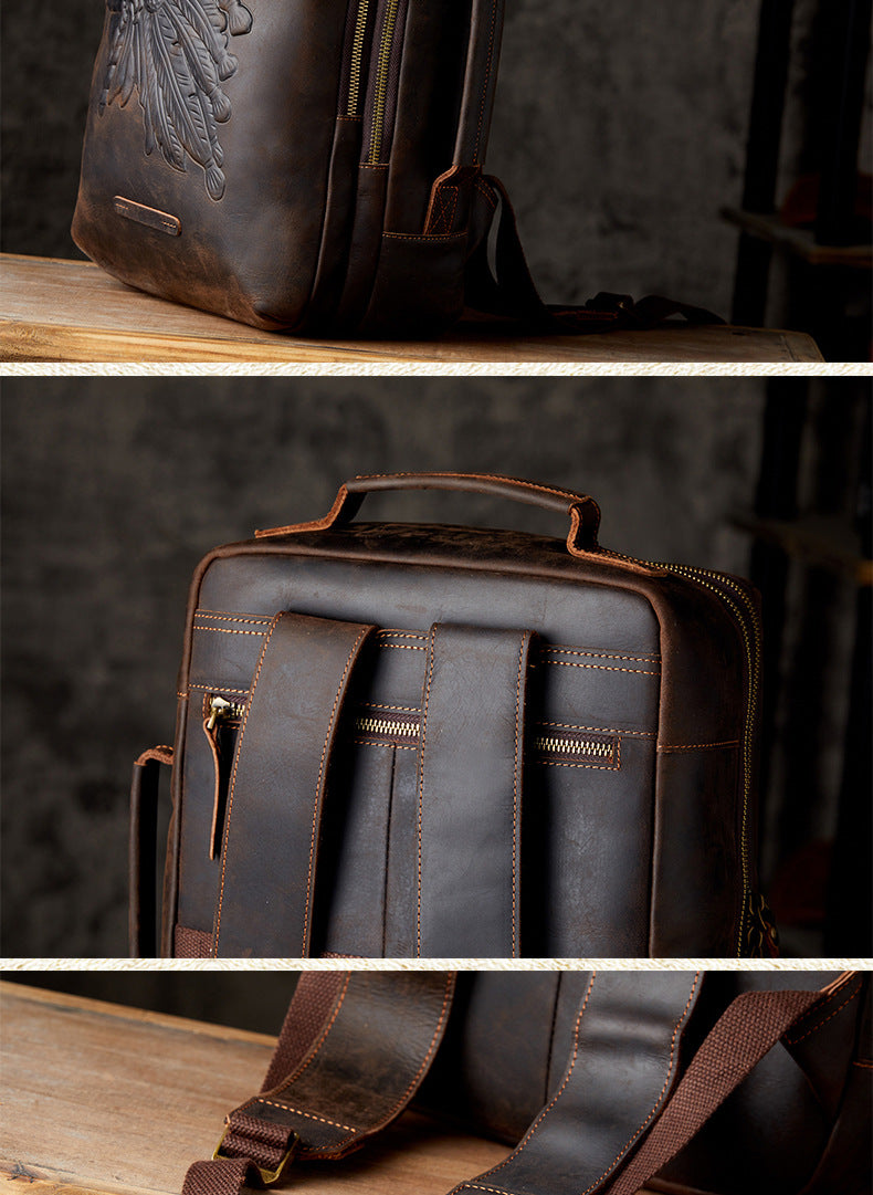 Men's Rucksacks Cowhide Genuine Leather Crazy Horse Handmade Handbags Fashion Computer Bags for Men 
