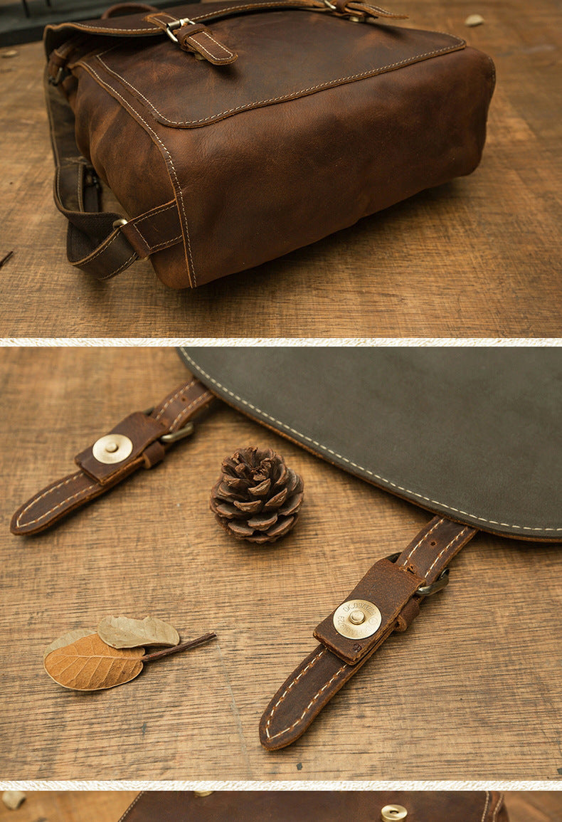 Men's Rucksack Genuine Cowhide Leather Handmade Korean Fashion Unique Travel Computer Bag for Men 