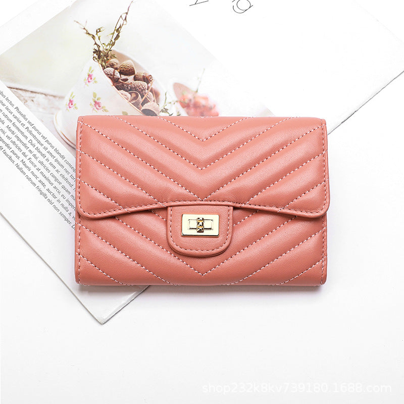 Sheep leather women's wallet stylish tri-fold wallet simple V size check coin purse high quality