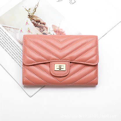 Sheep leather women's wallet stylish tri-fold wallet simple V size check coin purse high quality