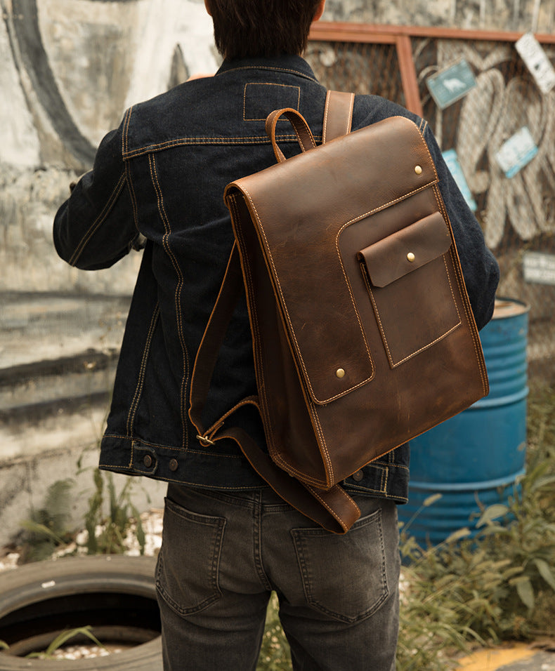 Men's Rucksack Cowhide Genuine Leather Handmade Unique Fashion Casual Travel Bag Computer Bag 