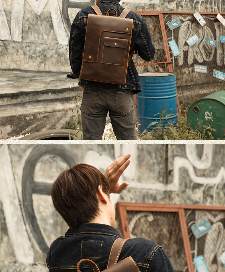 Men's Rucksack Cowhide Genuine Leather Handmade Unique Fashion Casual Travel Bag Computer Bag 