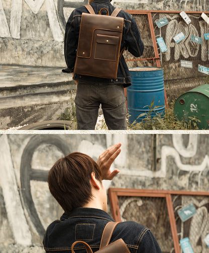 Men's Rucksack Cowhide Genuine Leather Handmade Unique Fashion Casual Travel Bag Computer Bag 