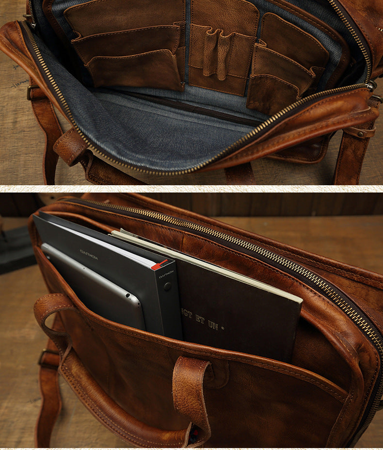 Men's handbag briefcase handmade cowhide retro travel bag crossbody shoulder bag computer bag handbag 