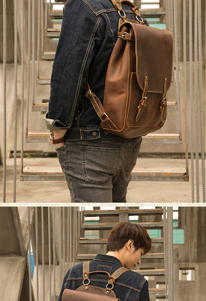 Men's Rucksack Genuine Cowhide Leather Handmade Korean Fashion Unique Travel Computer Bag for Men 