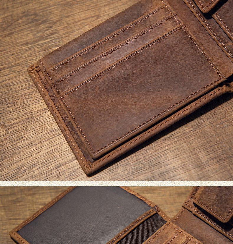 Men's Short Wallet Original Handmade Cowhide Genuine Leather Crazy Horse Retro Korean Fashion Coin Purse Men's Wallet 