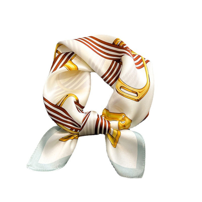 Silk Scarf Sheer Fashion Chain Print Pattern Silk Mini Scarf Women Neckerchief Temperament