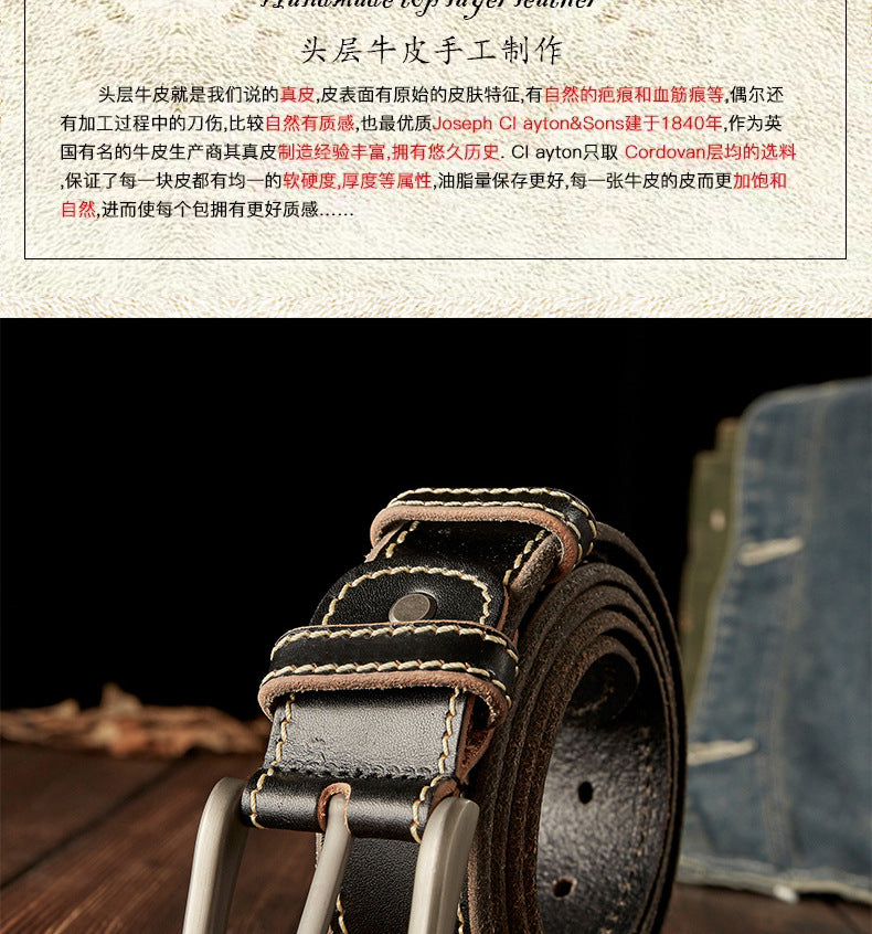 Men's Belt Handmade Genuine Cowhide Leather Needle Buckle Casual Vintage Simple Men's Belt 