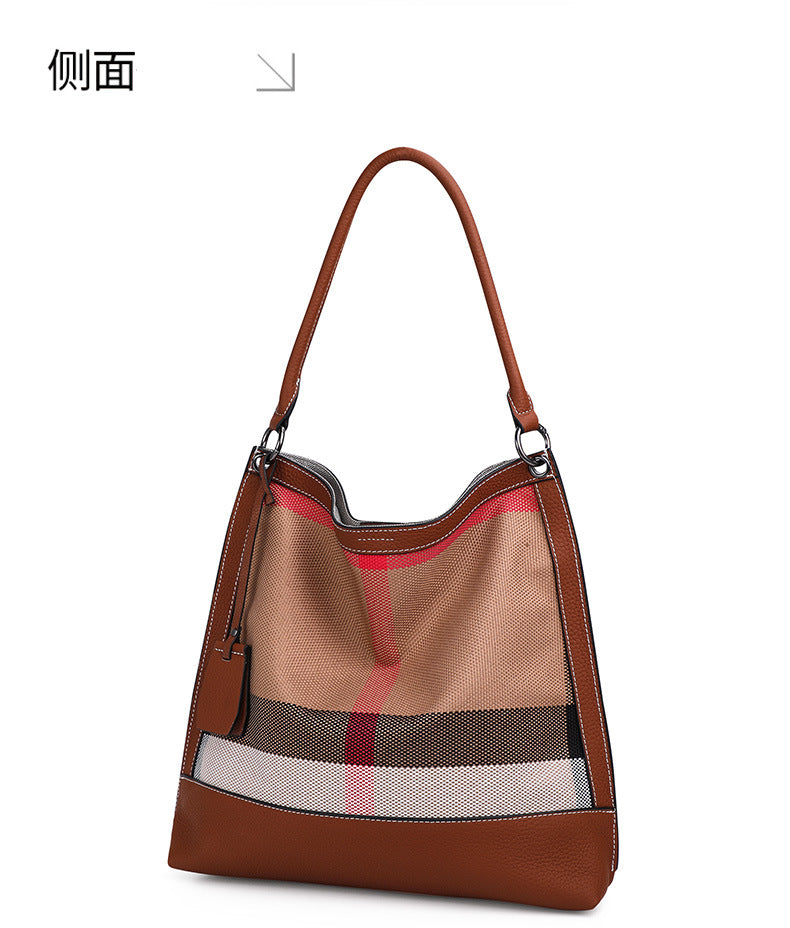 Women's bag Plaid cowhide canvas trend fashion bucket bag tote bag commuting Shoulder bag that goes with anything. Pochette