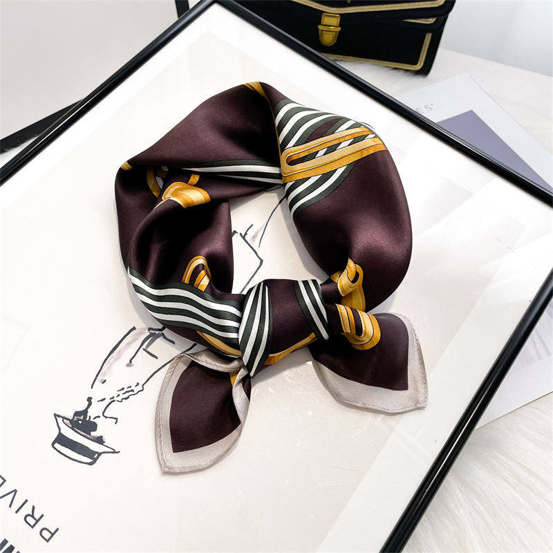 Silk Scarf Sheer Fashion Chain Print Pattern Silk Mini Scarf Women Neckerchief Temperament
