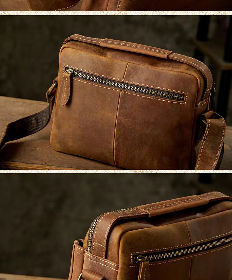 Men's Shoulder Bag Handmade Cow Leather Casual Simple Retro Zipper Crossbody Bag 