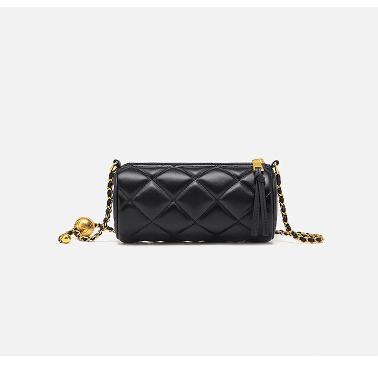 Women's genuine leather plaid cylindrical bag Crossbody bag Mini fashion chain bag Shoulder bag that goes with anything. Pochette