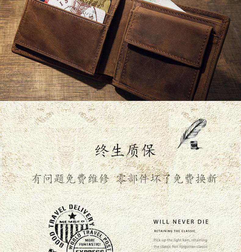 Men's Short Wallet Original Handmade Cowhide Genuine Leather Crazy Horse Retro Korean Fashion Coin Purse Men's Wallet 