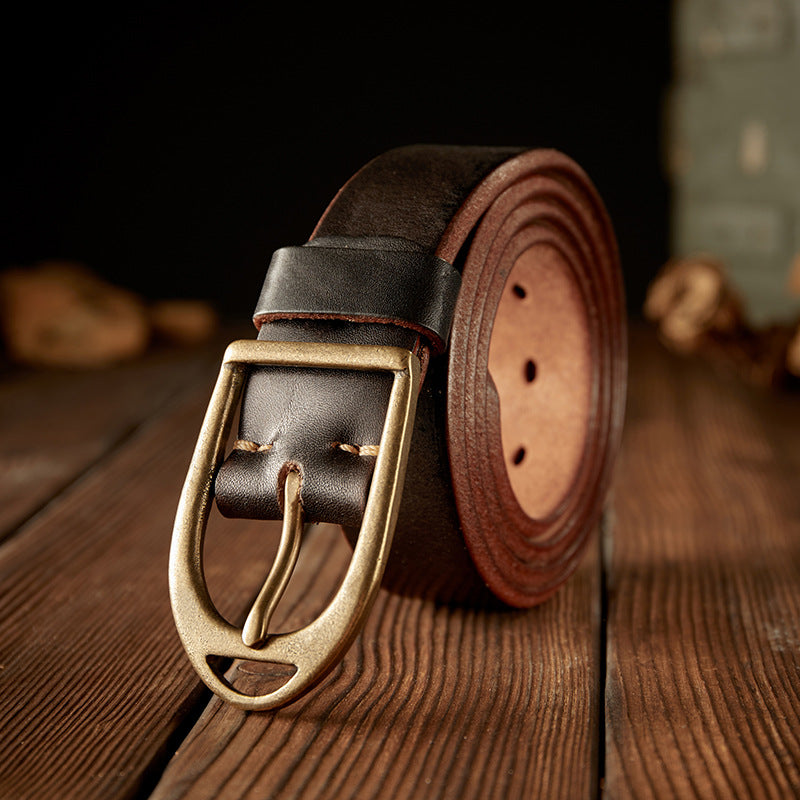 Men's Belt Handmade Genuine Cowhide Leather Unique Copper Needle Buckle Vintage Fashion Men's Belt