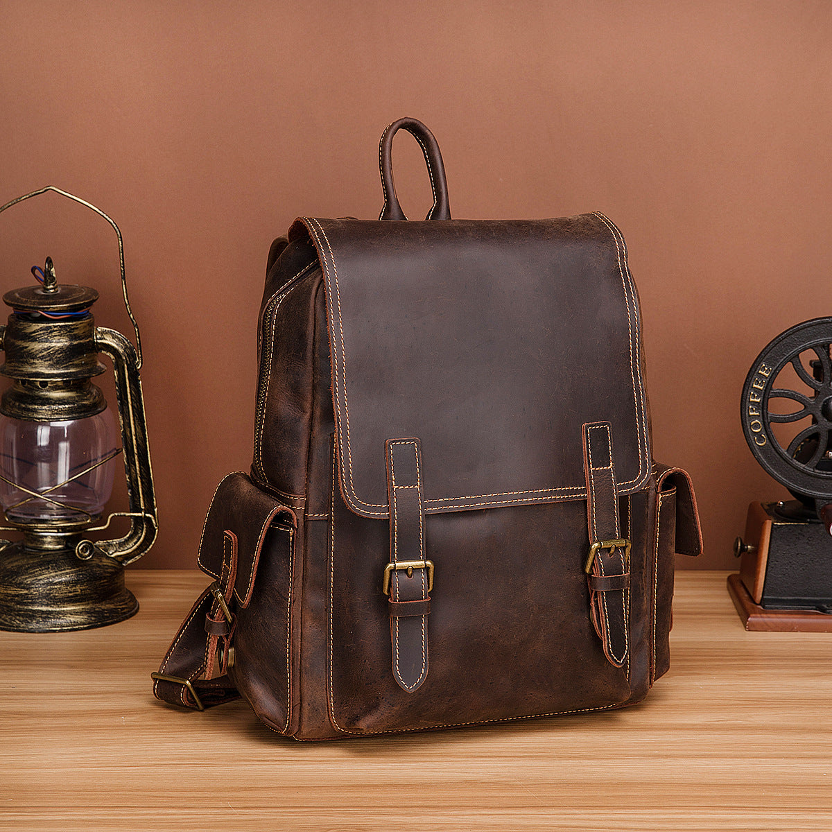 Men's Rucksack Genuine Cowhide Leather Retro Large Capacity Computer Bag for Men 