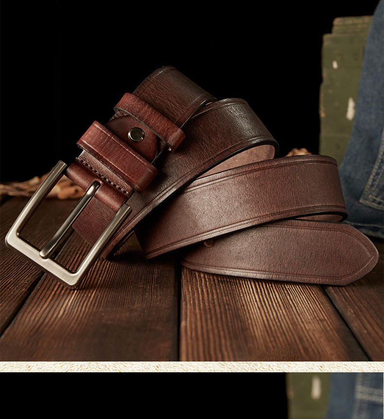 Men's Belt Handmade Cowhide Genuine Leather Retro Simple Casual Fashion Stainless Steel Needle Buckle Men's Belt 