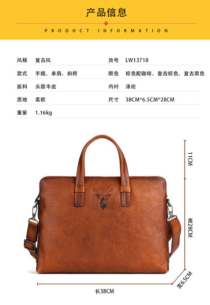 Men's Briefcase Genuine Cowhide Leather Simple Fashion Retro Casual Bag Computer Bag for Men 