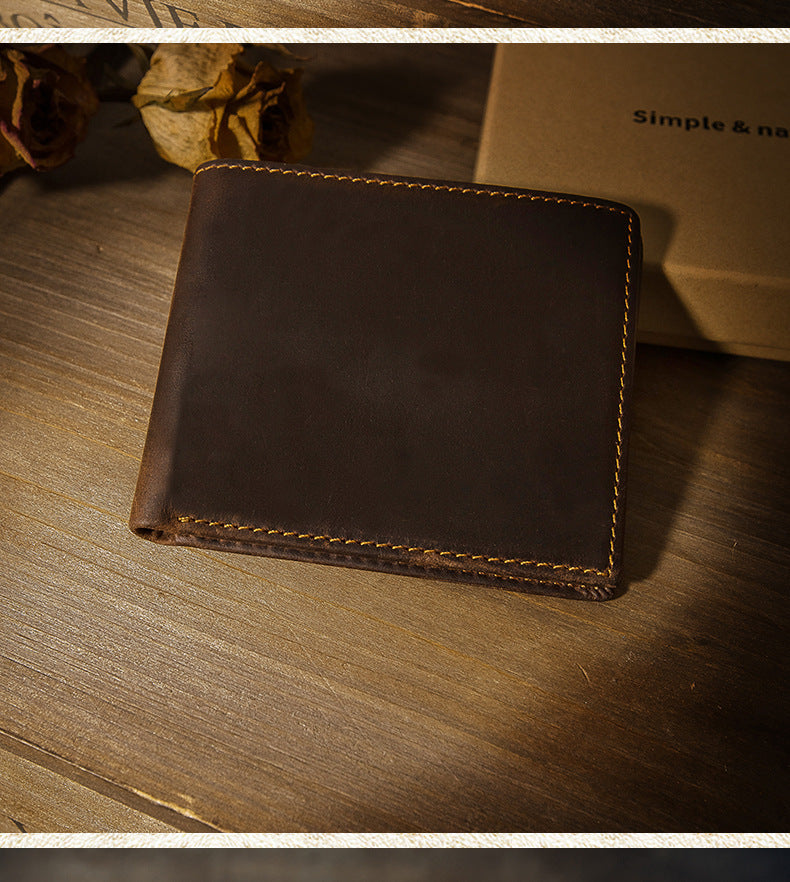Men's short wallet made of genuine cowhide leather Crazy Horse Original casual simple thin Korean fashion unique wallet for men 