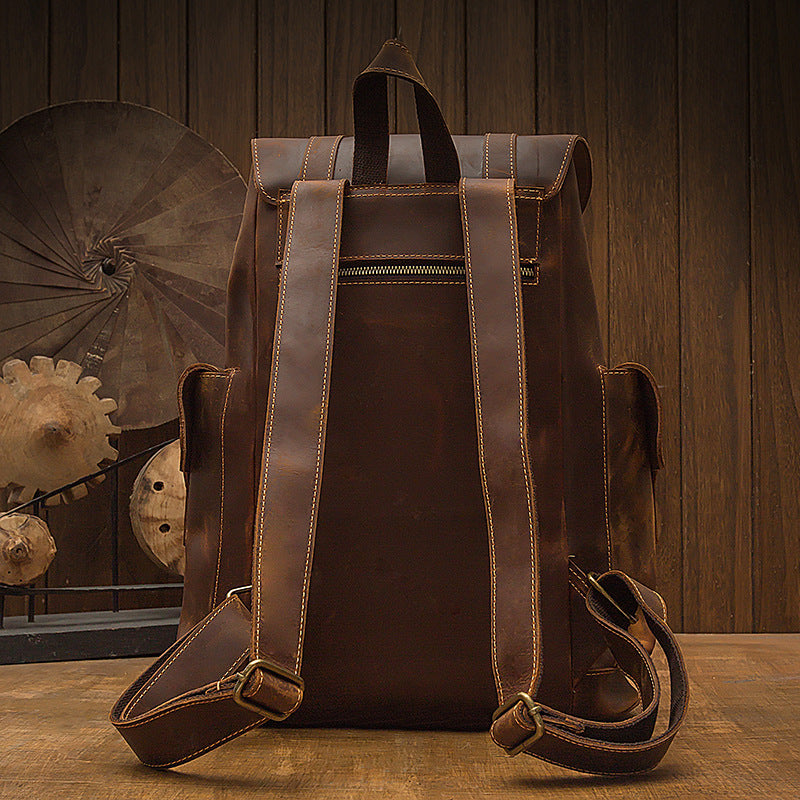 Men's Backpack, Original Handcrafted, Genuine Cowhide Leather, Retro Casual, Unisex, Travel Bag, Computer Bag