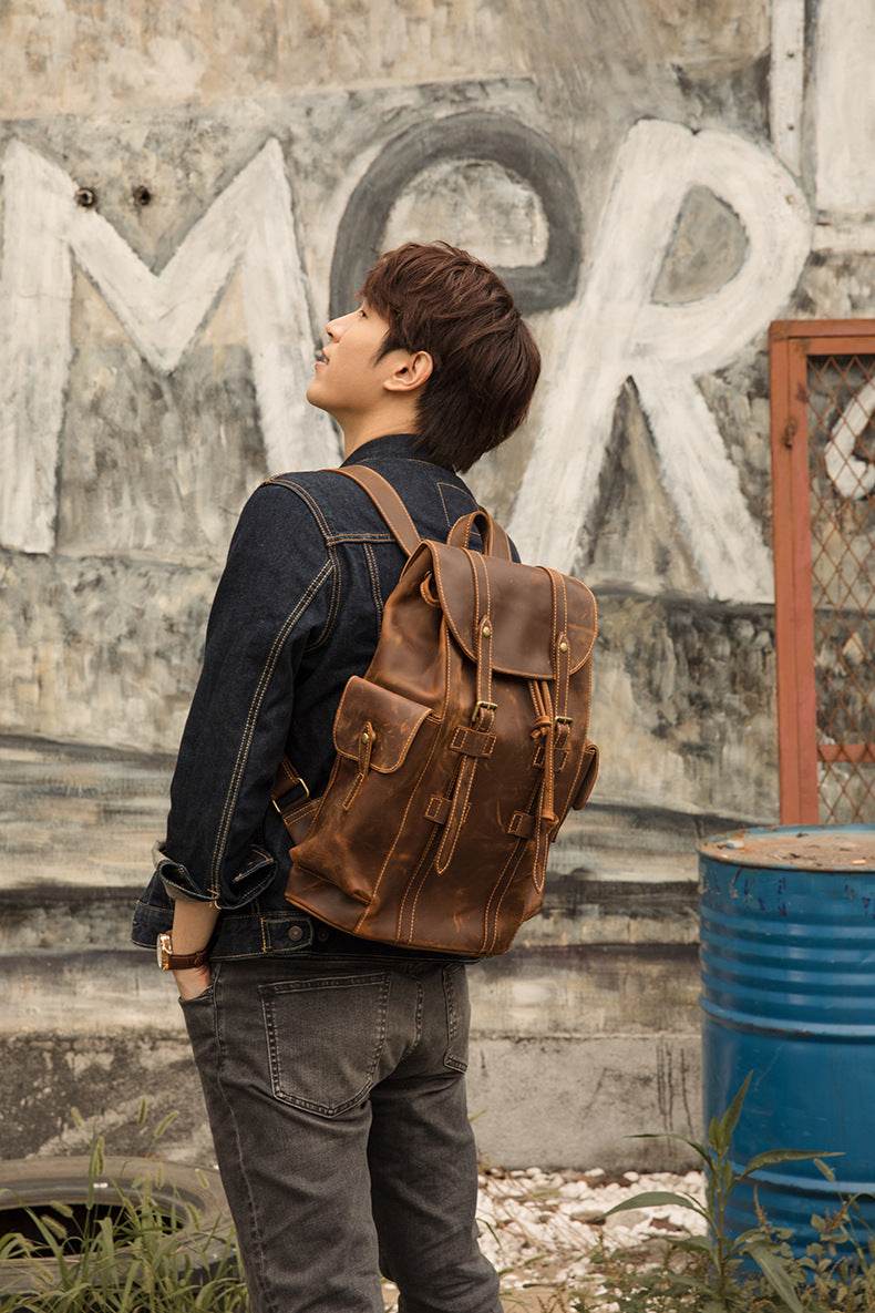 Men's Backpack, Original Handcrafted, Genuine Cowhide Leather, Retro Casual, Unisex, Travel Bag, Computer Bag
