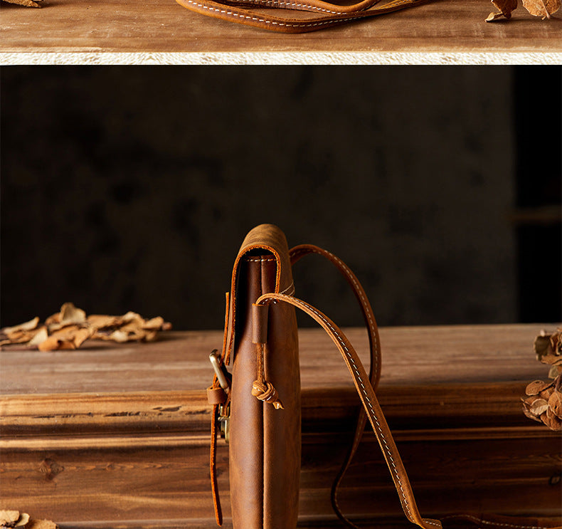 Men's Shoulder Bag Handcrafted Genuine Cowhide Leather Smartphone Pouch Retro Casual Crossbody Bag for Men 